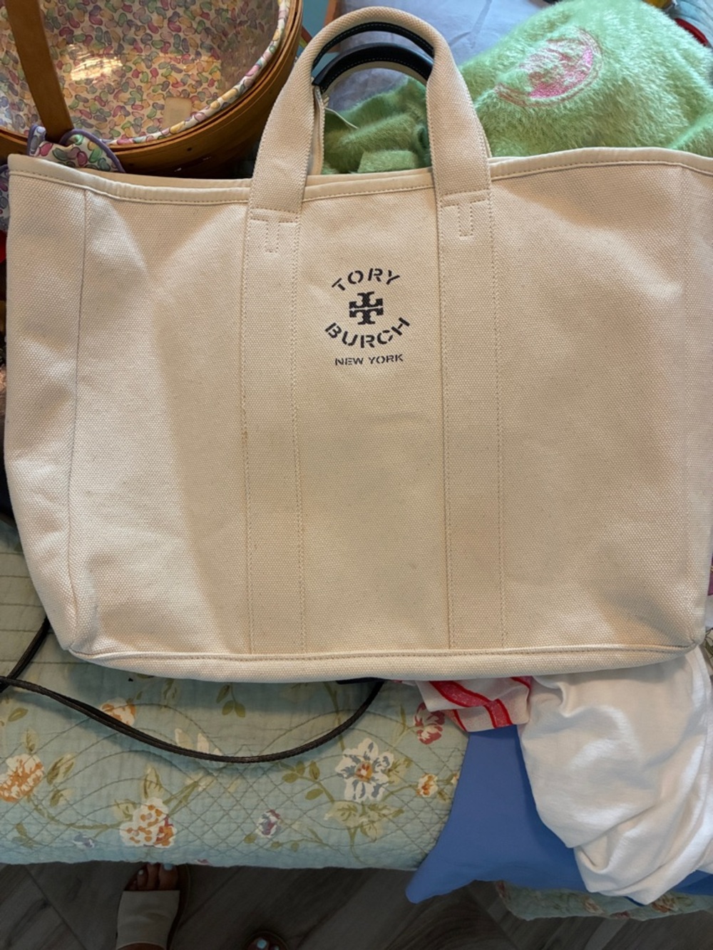 Tory Burch Natural Canvas Tote with Blue Logo